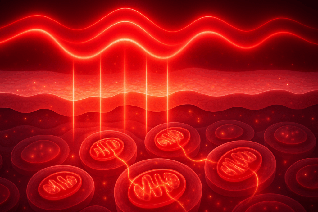 Red Light Therapy for Eczema illustrated as red and near-infrared light waves penetrating skin layers to activate mitochondria and boost cellular energy.