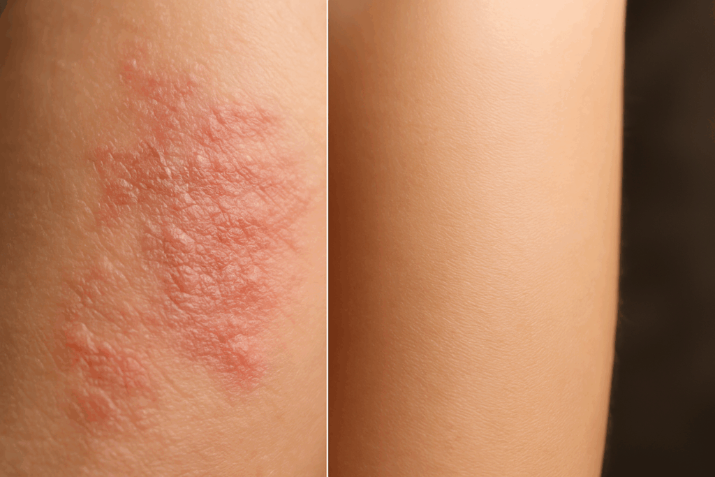Before-and-after skin comparison showing effects of Red Light Therapy for Eczema, with visible improvement in hydration and texture.