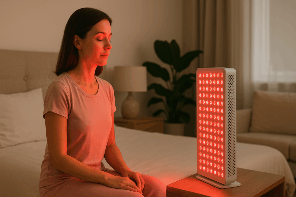 Woman using a red light panel in a bedroom for red light therapy for eczema, bathed in soft red glow.