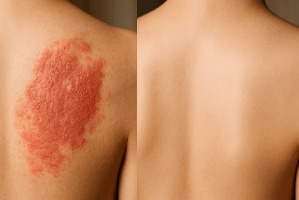 Before and after comparison of a person’s back showing inflamed eczema skin and clear results after consistent Red Light Therapy for Eczema