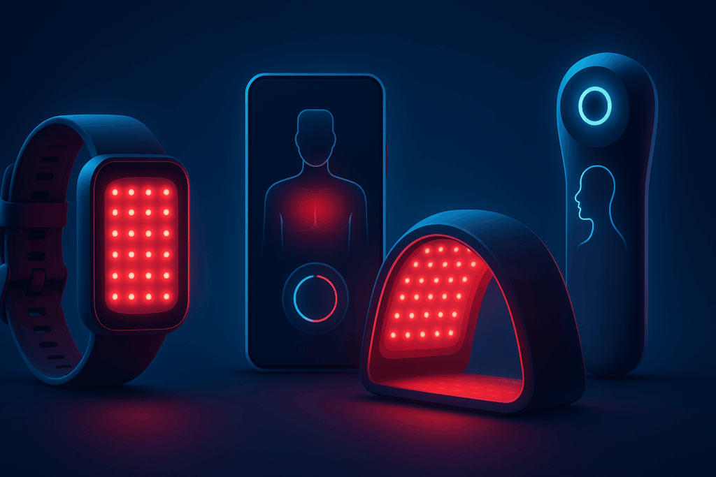Futuristic wearable devices and AI-powered tools used in Red Light Therapy for Eczema treatment and home skin care monitoring