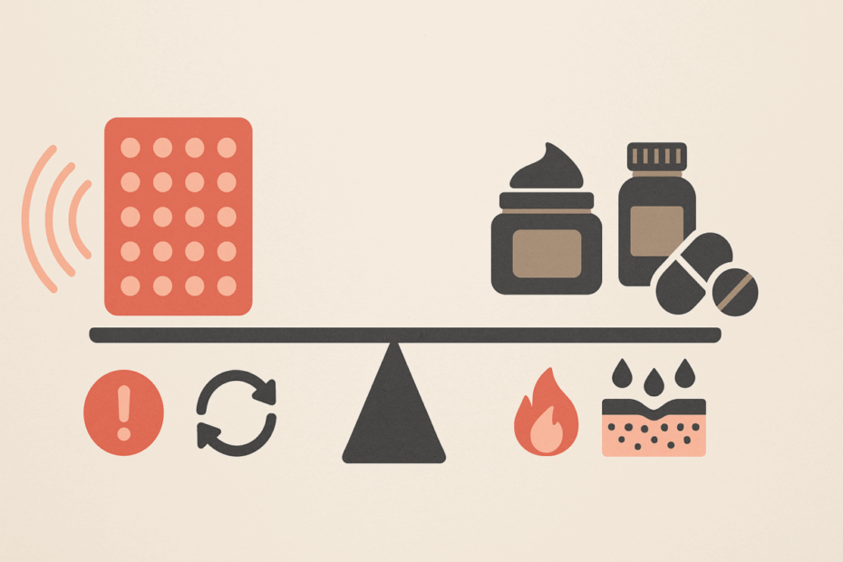 Balanced scale infographic comparing Red Light Therapy for Eczema with topical creams and pills using symbolic medical icons