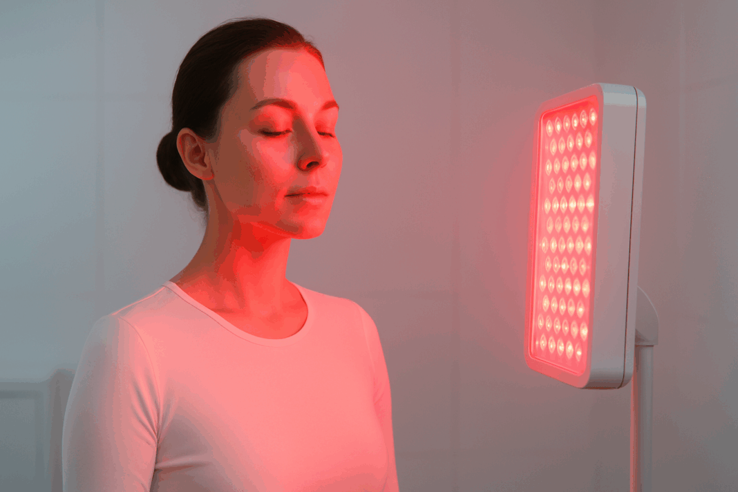 Calm woman with eyes closed receiving Red Light Therapy for Eye Health in a modern, minimalistic wellness clinic.