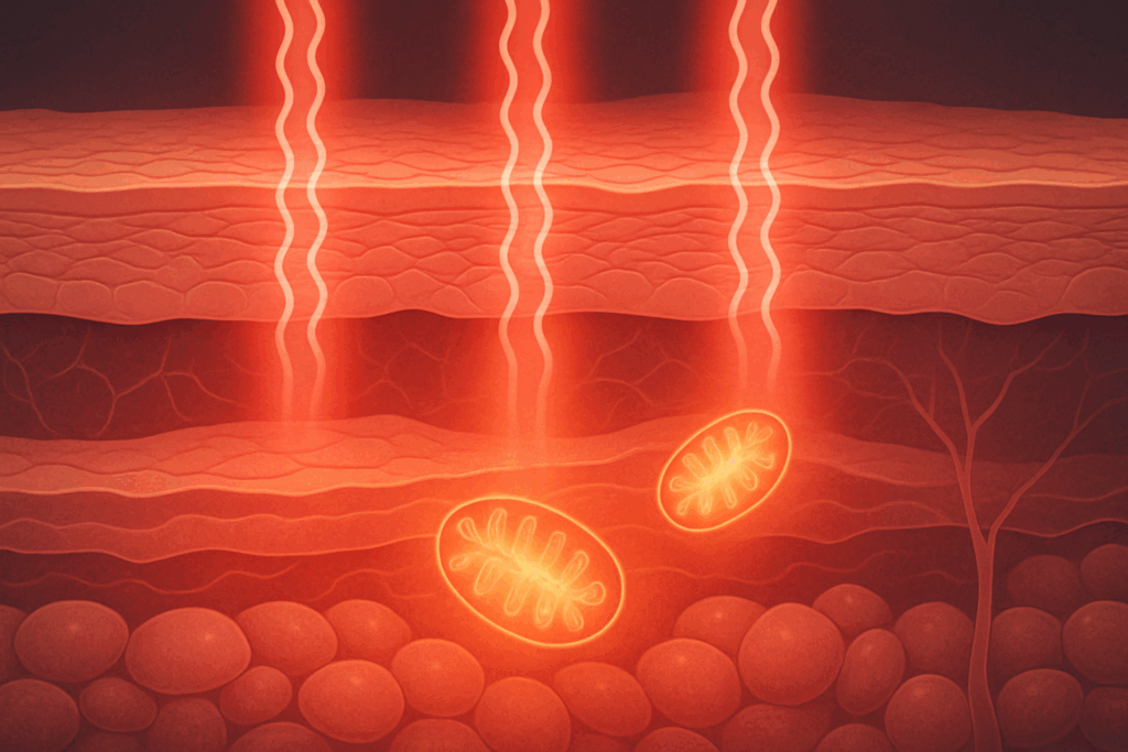 Red Light Therapy for Eye Health illustrated with red and near-infrared light waves penetrating human skin layers and energizing mitochondria.
