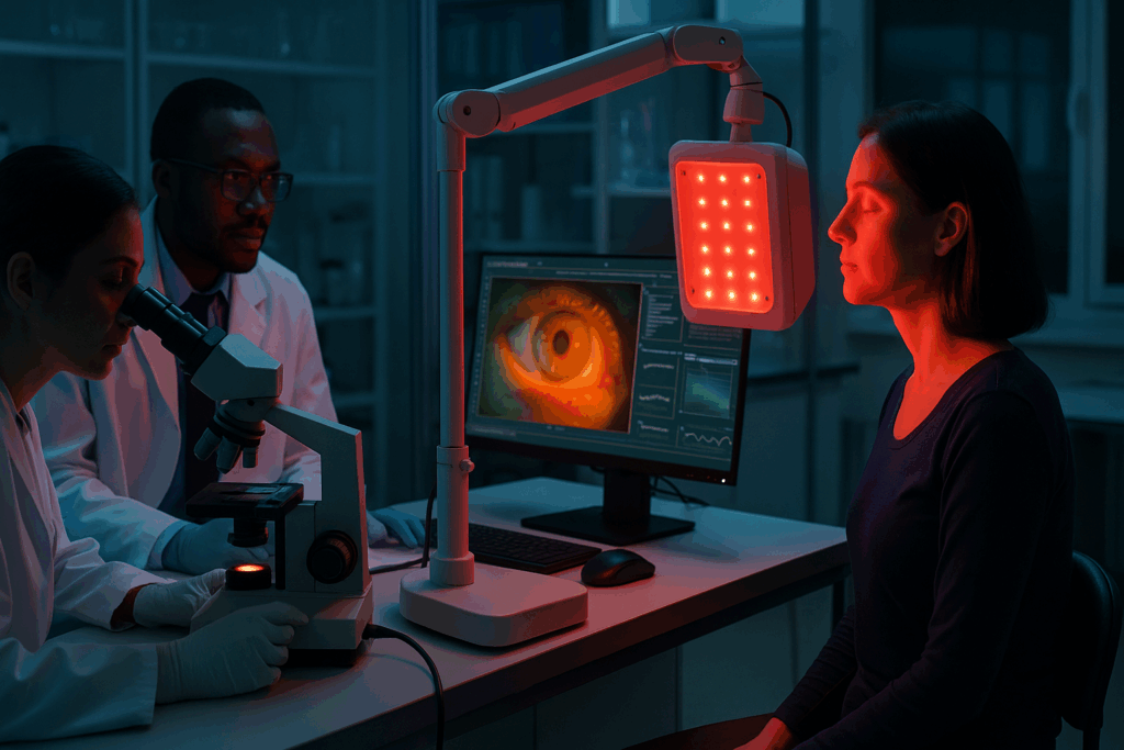 Researchers conducting a clinical study on Red Light Therapy for Eye Health with a test subject illuminated by red light in a laboratory