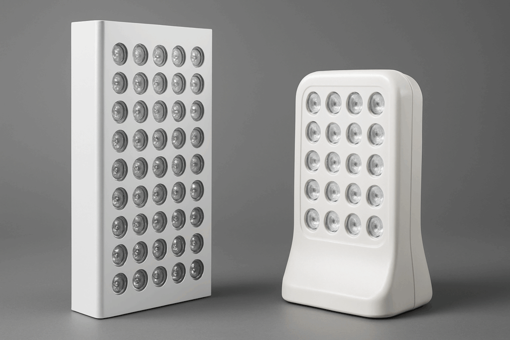 Sleek medical-grade and basic consumer devices side-by-side illustrating build differences in Red Light Therapy for Eye Health.
