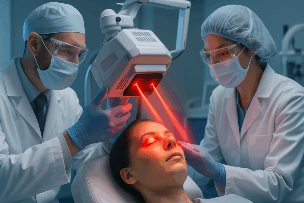 Doctors performing Red Light Therapy for Eye Health on a patient using shielded red beams in a futuristic ophthalmology clinic.