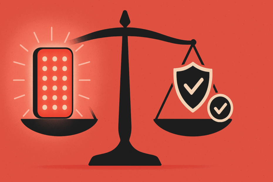 Abstract balance scale showing glowing red light therapy device and regulatory symbols, representing ethical considerations in Red Light Therapy for Eye Health