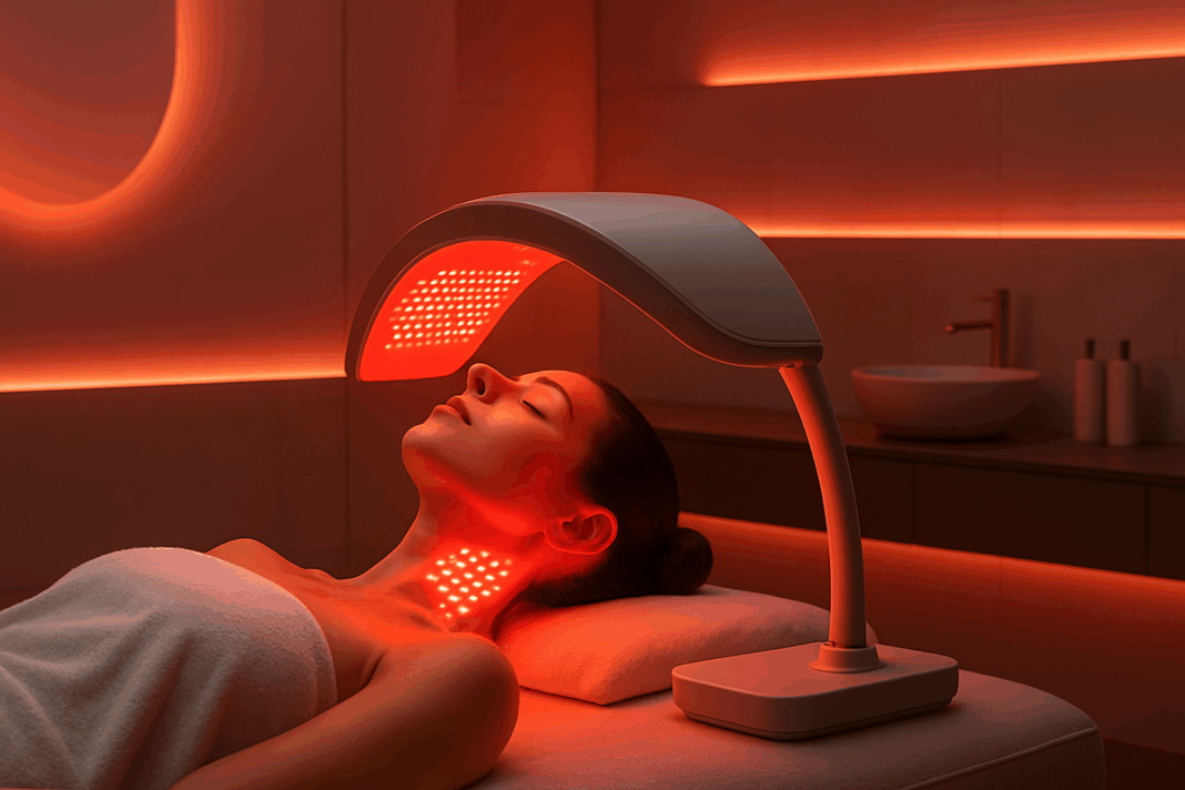 Woman receiving Red Light Therapy for Neck Pain in a modern wellness spa with ambient red lighting and a sleek LED treatment device.