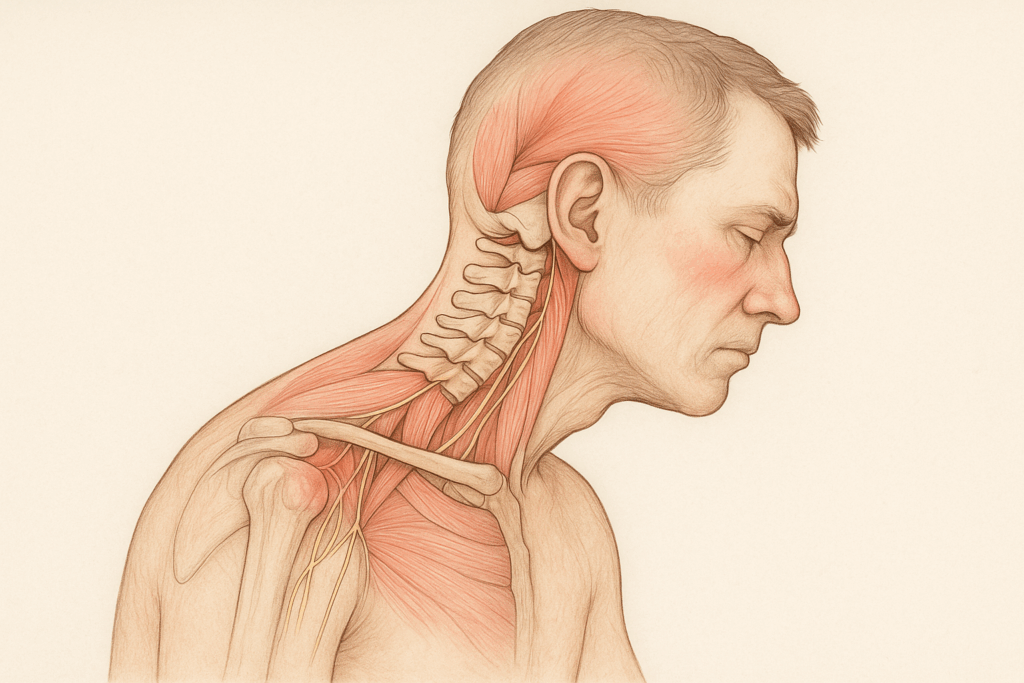 Medical illustration of poor posture and cervical spine inflammation highlighting pain points—ideal for explaining Red Light Therapy for Neck Pain.