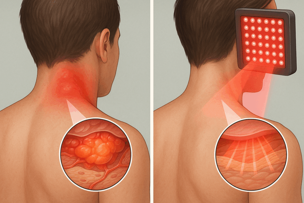 Red Light Therapy for Neck Pain showing before-and-after effects with reduced inflammation and deep tissue light penetration