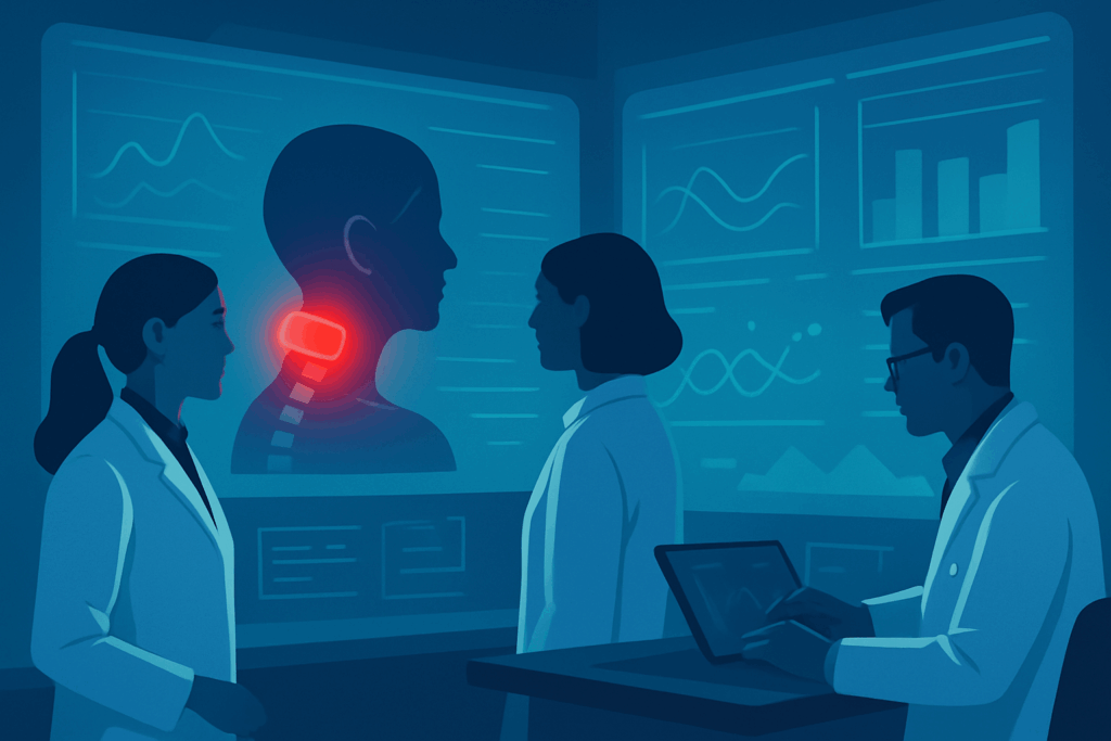 Clinicians analyzing futuristic data visuals in a lab during a study on Red Light Therapy for Neck Pain" Let me know if you'd like variations or a version tailored for a caption instead