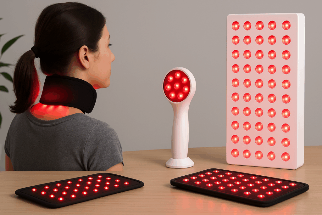 Wearable wrap, handheld device, and large panel used in Red Light Therapy for Neck Pain on a modern tabletop setup.
