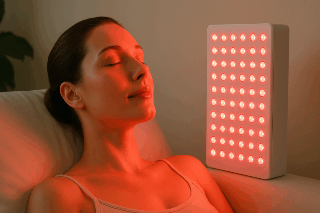 Woman relaxing at home during red light therapy for psoriasis, illuminated by a soft red LED panel in a serene, wellness-focused setting.