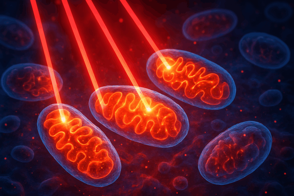 Cellular mitochondria absorbing red and near-infrared light beams, symbolizing energy production and healing benefits of red light therapy for psoriasis