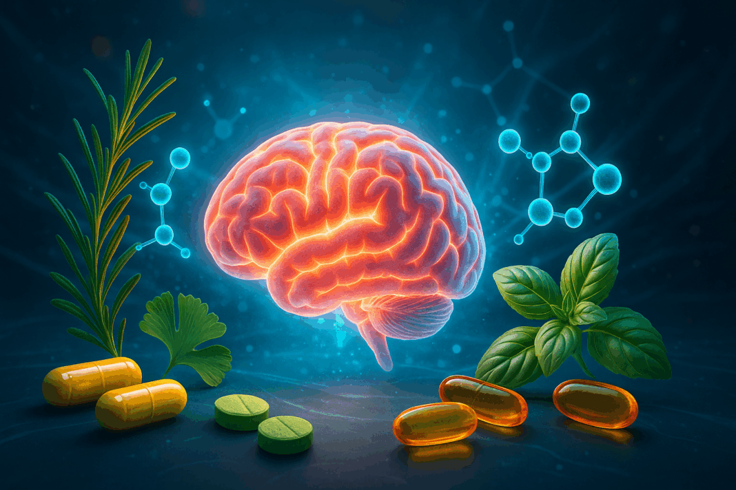 Glowing human brain surrounded by herbs, capsules, and molecular structures representing a natural Alpha Brain alternative for cognitive enhancement
