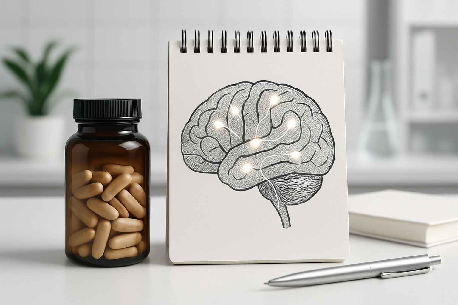 Nootropic capsules beside a sketch of a brain with glowing neural pathways in a clinical setting, symbolizing an Alpha Brain alternative for focus and mental clarity