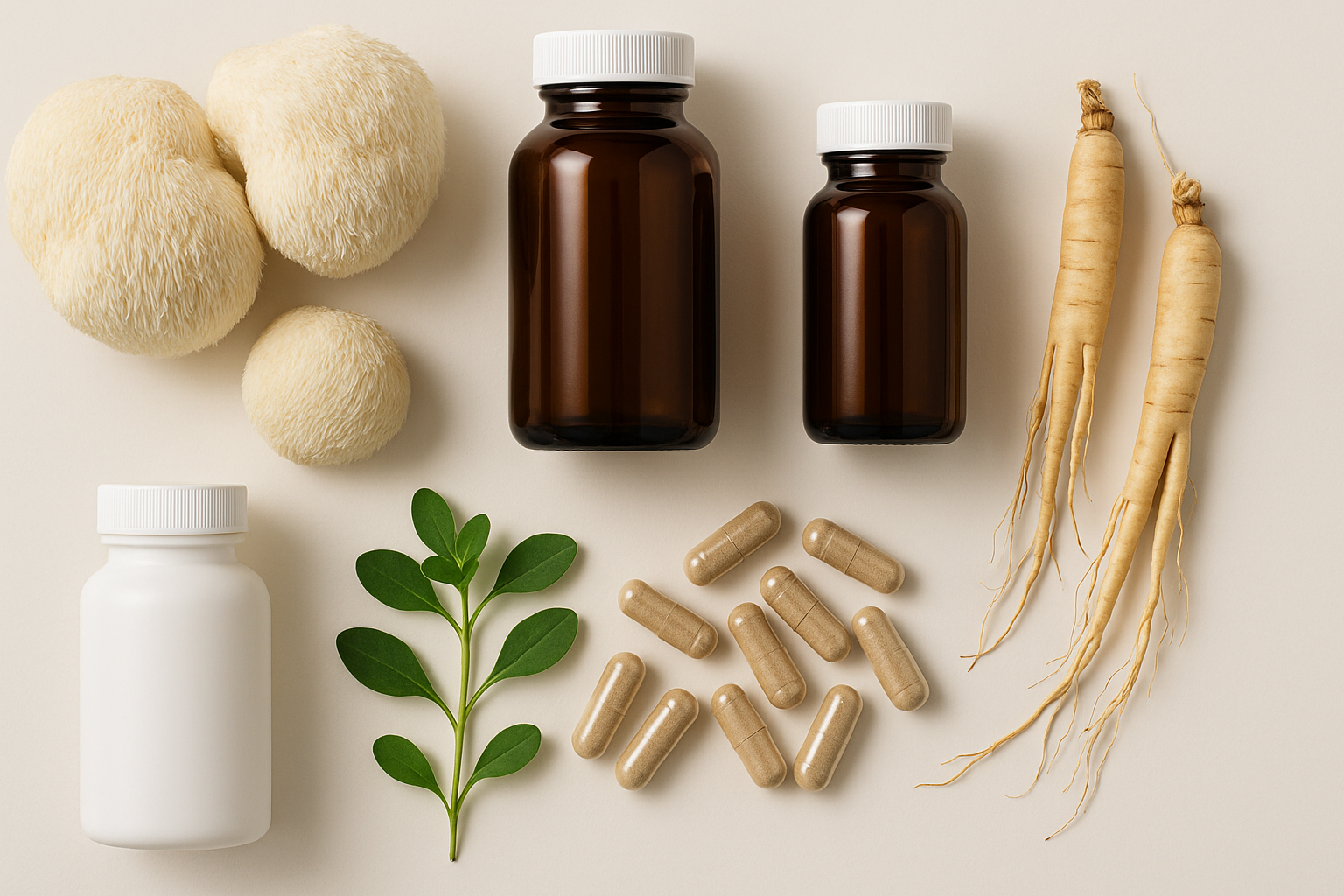 Flat lay of natural nootropic ingredients including lion’s mane mushrooms, ginseng roots, bacopa leaves, and supplement capsules, representing a science-backed Alpha Brain alternative.