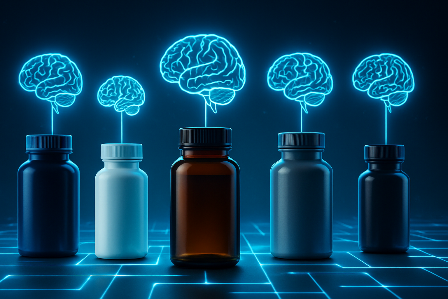 Futuristic lineup of five unbranded supplement bottles on a glowing surface, each linked to a brain icon symbolizing cognitive benefits—representing an Alpha Brain alternative.