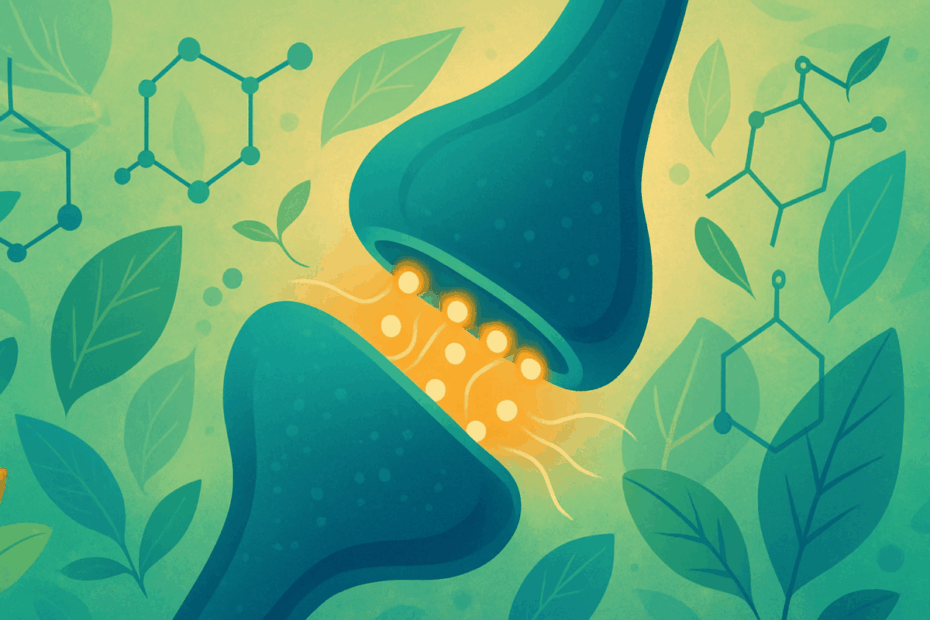 Stylized diagram of brain synapses firing with neurotransmitters, blended with natural elements like leaves and molecules, representing the science behind an Alpha Brain alternative.