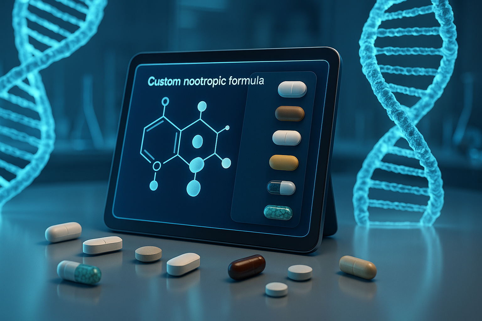Futuristic lab scene showing a tablet with a custom nootropic formula, DNA strands, and capsules representing an Alpha Brain alternative.