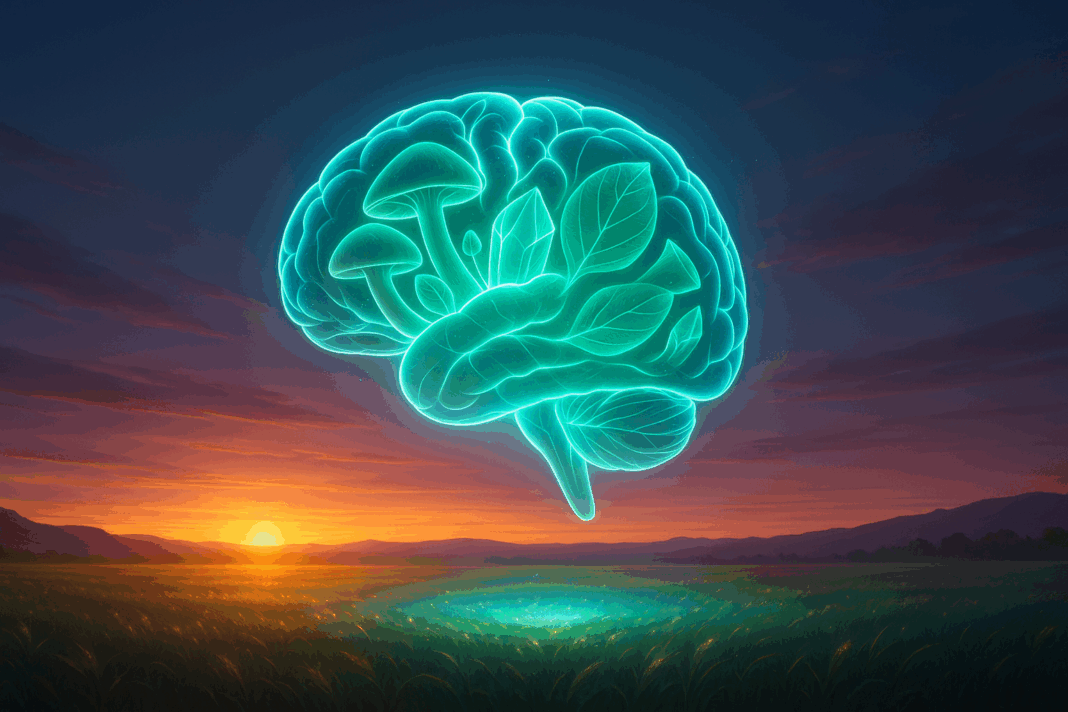 Glowing brain made of mushrooms, leaves, and crystals floating above a sunrise-lit field, symbolizing cognitive uplift in frequency rise nootropics reviews.