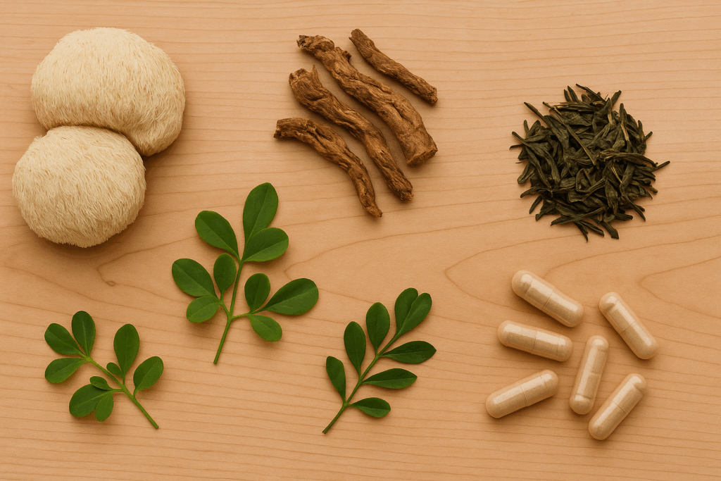 Flat lay of lion’s mane mushrooms, rhodiola roots, bacopa leaves, green tea leaves, and capsules on wood, illustrating ingredients in frequency rise nootropics reviews.