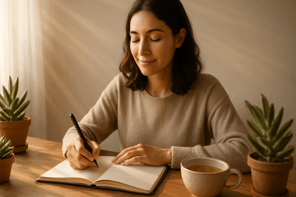 Peaceful woman journaling at a sunlit desk with succulents and herbal tea, reflecting emotional clarity from frequency rise nootropics reviews.