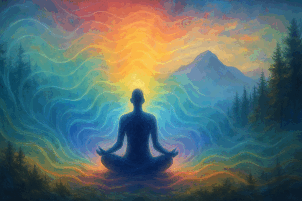 Person meditating in nature surrounded by colorful energy waves, symbolizing vibrational alignment and frequency rise nootropics reviews.