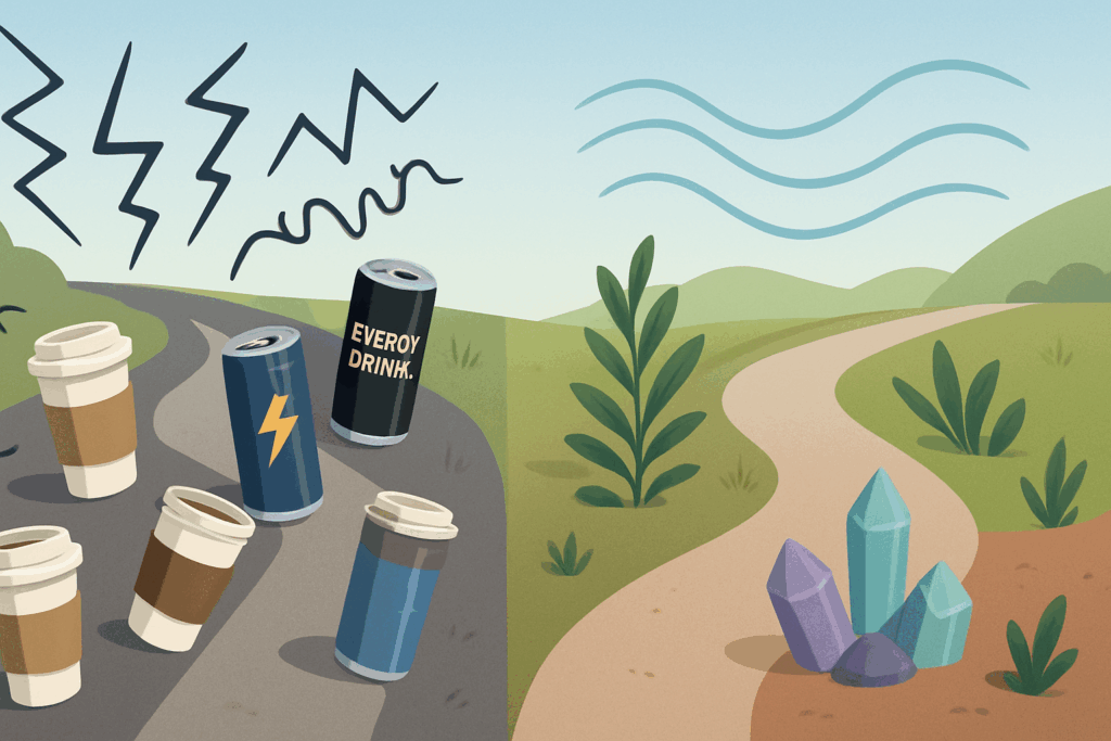 Two contrasting paths, one cluttered with coffee cups and energy drinks symbolizing stimulant overload, the other calm with plants and crystals reflecting holistic benefits, visually representing frequency rise nootropics reviews.
