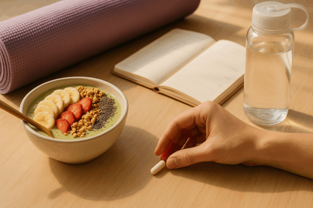 Morning self-care setup with a nootropic capsule, smoothie bowl, yoga mat, planner, and water bottle in sunlight—ideal for frequency rise nootropics reviews.