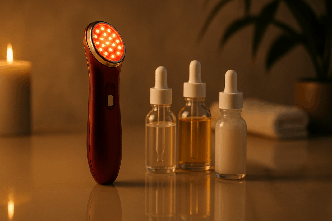 Sleek red light therapy device glowing beside glass serum droppers on a spa vanity, promoting skin health.