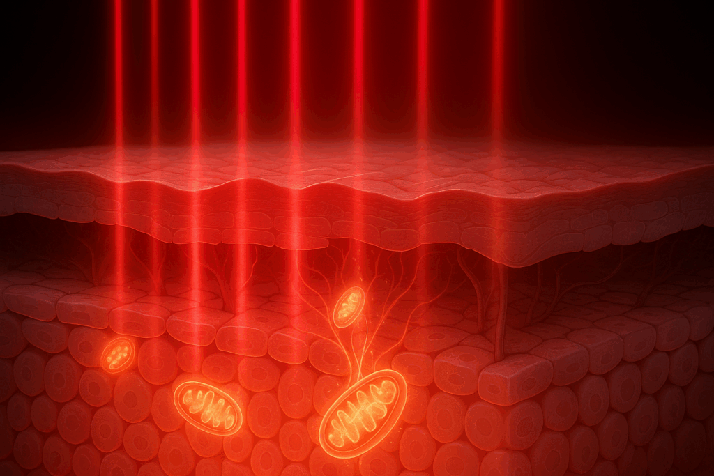 Red and near-infrared light penetrating skin layers, activating mitochondria to support cellular energy and improve skin health