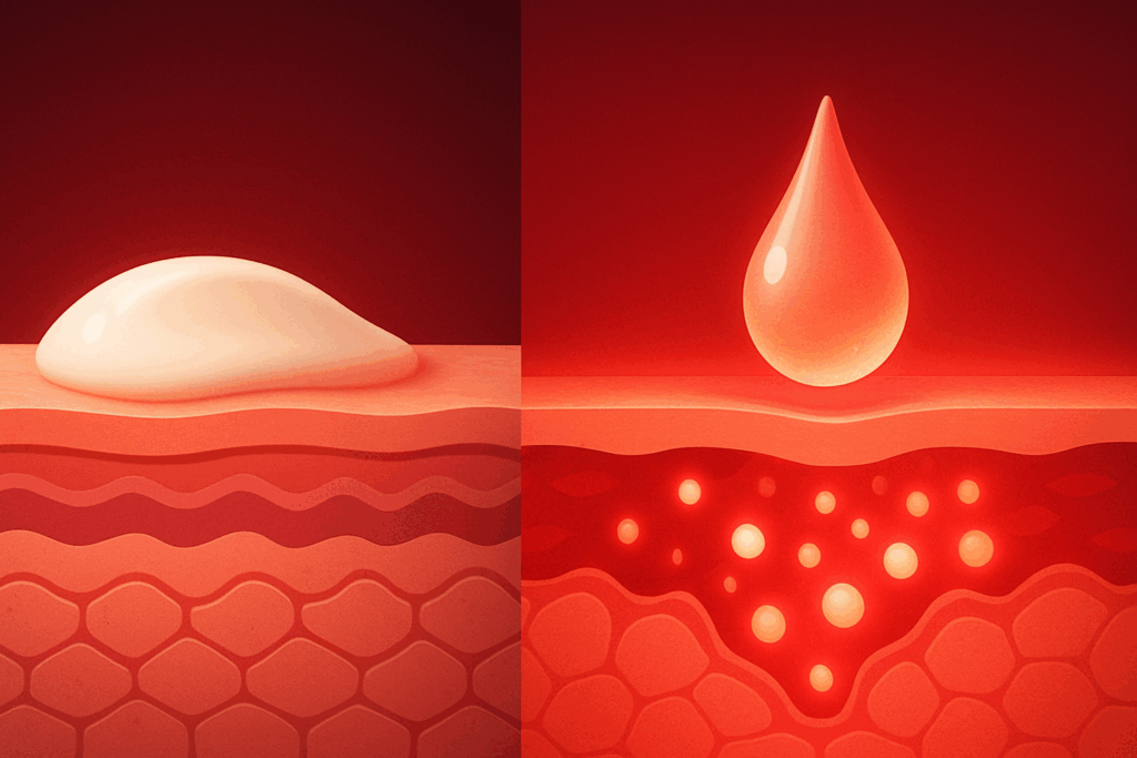 Side-by-side visual of serum and cream absorption illustrating how lightweight formulas enhance Skin Health by penetrating deeper under red light