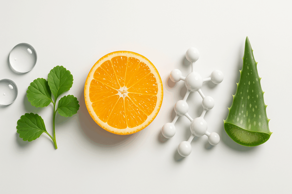 Natural ingredients promoting skin health including water droplets, green leaves, orange slice, peptide molecules, and aloe vera on a white background