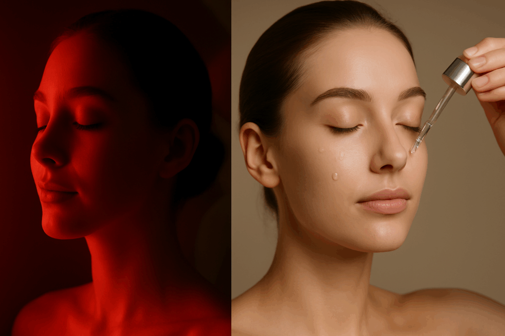 Split-screen of a woman applying serum and receiving red light therapy, illustrating a two-step routine to boost skin health