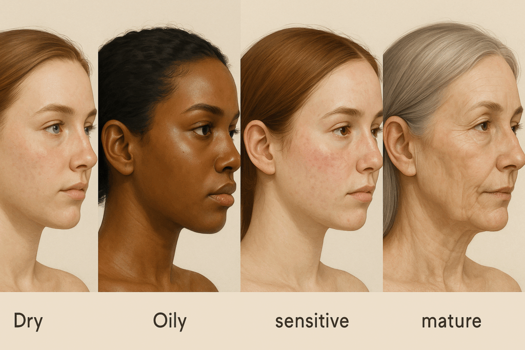 Side-by-side profiles of diverse women showing dry, oily, sensitive, and mature skin types, highlighting individualized Skin Health needs