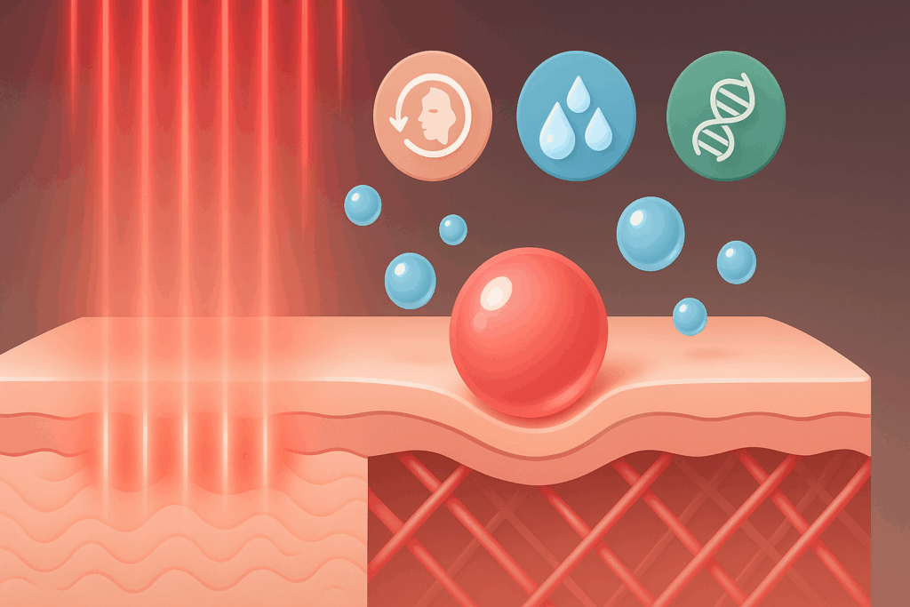 Infographic-style diagram showing red light therapy enhancing serum absorption in skin layers to support hydration, collagen production, and skin health