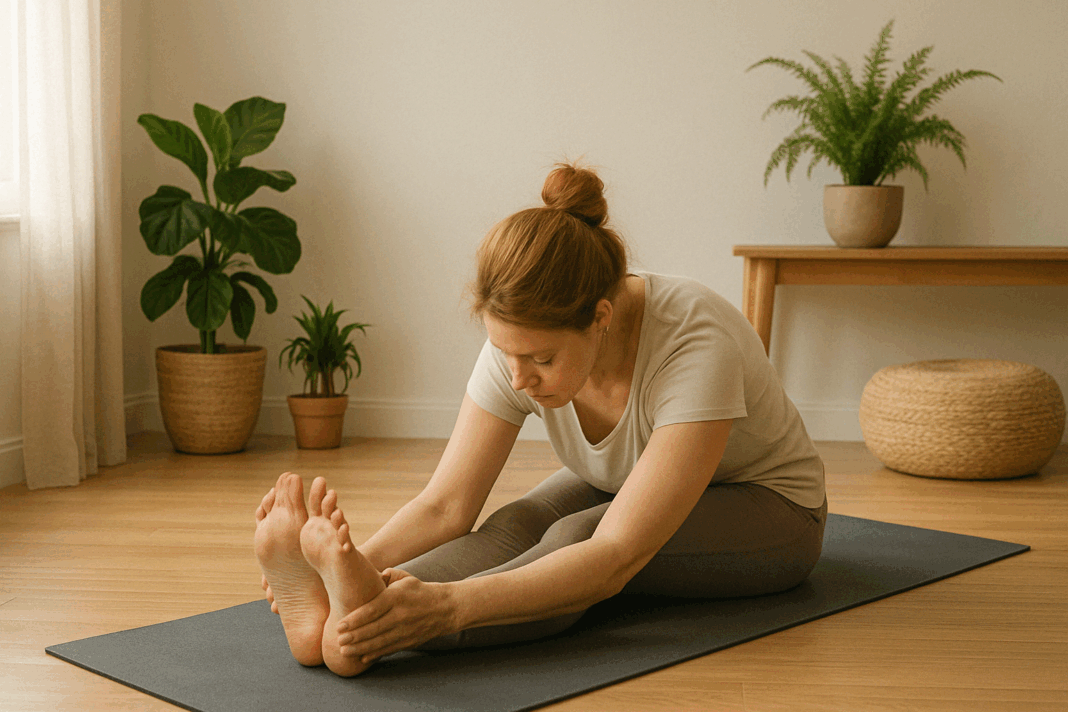 Woman practicing a seated forward fold on a yoga mat in a calm room, demonstrating easy yoga stretches for beginners.