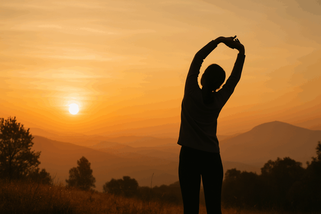 Silhouette of a person stretching at sunrise on a hilltop, evoking why stretching feels so good in peaceful nature.