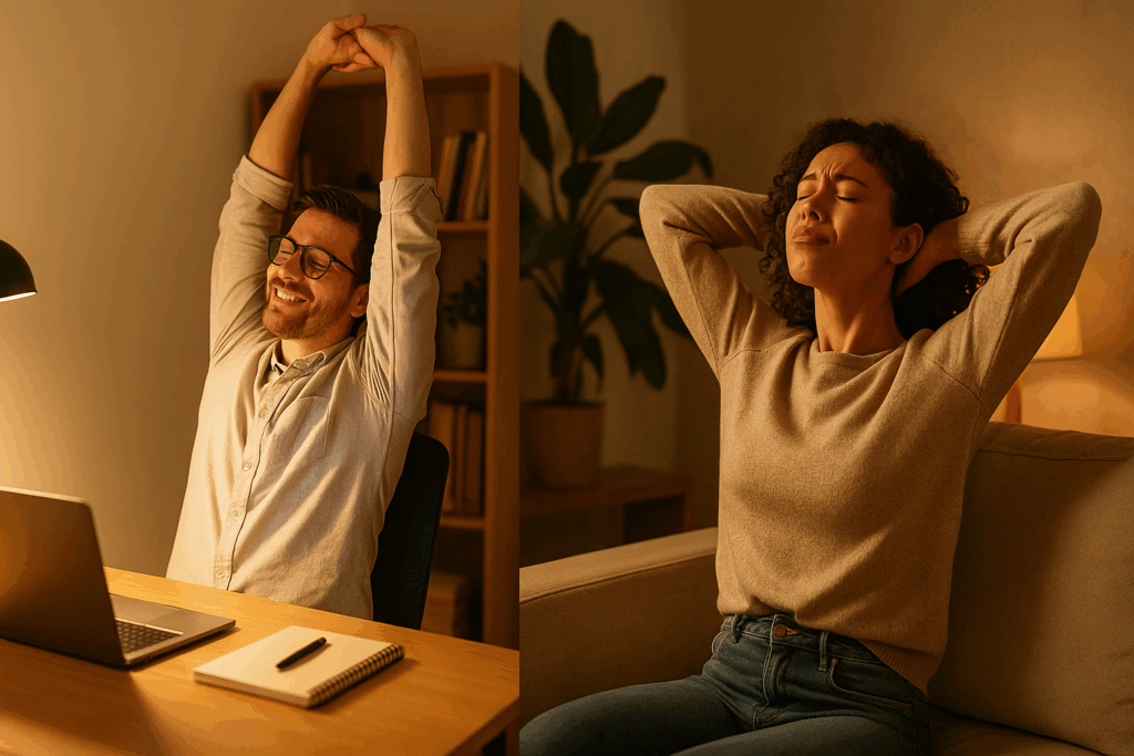 Man stretching at desk and woman stretching on couch in warm light, illustrating why stretching feels so good physically and emotionally.
