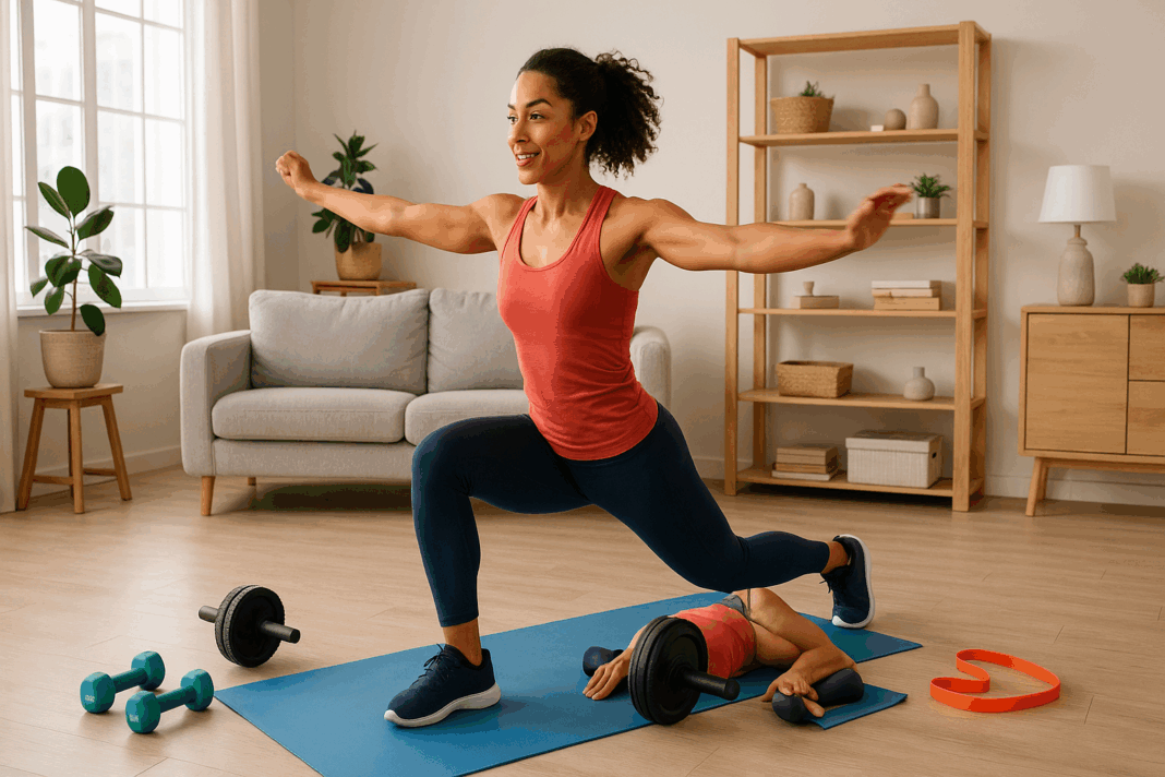 Woman doing exercises beginning with a on a yoga mat in a bright living room with dumbbells, ab roller, and resistance band nearby.