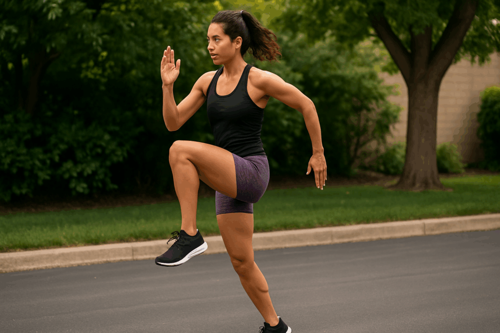 Athletic woman performing A-skips outdoors on asphalt, demonstrating balance and form for exercises beginning with a