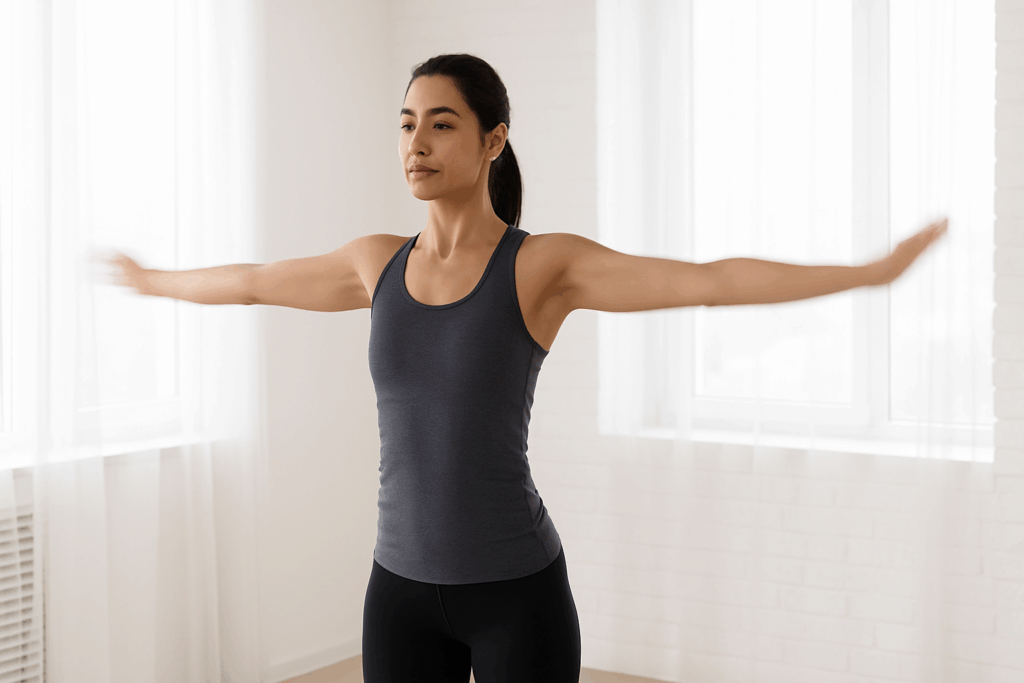 Woman performing arm circles in a bright room, demonstrating exercises beginning with a for full-body toning and shoulder mobility.