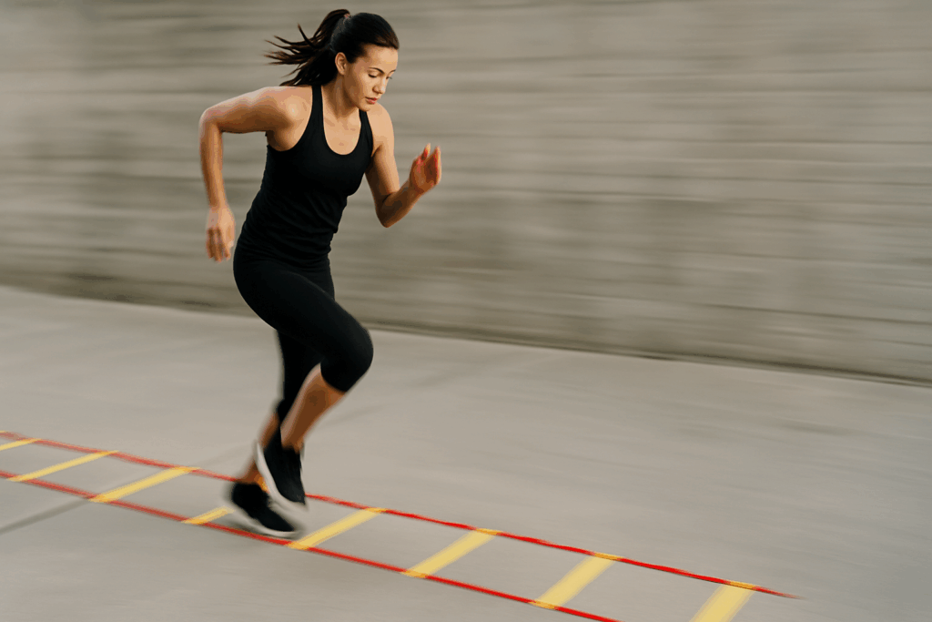 Woman performing high-speed footwork through an agility ladder during outdoor exercises beginning with a cardio warm-up.