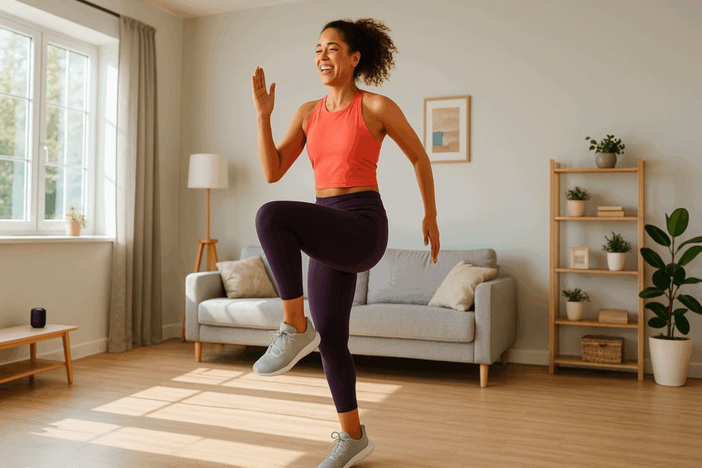 Woman smiling while doing high knees in a bright living room as part of home exercises beginning with a.