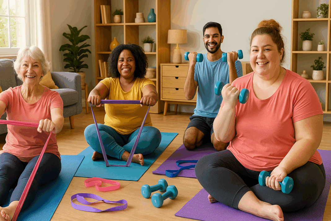 Diverse group of adults exercising with resistance bands and dumbbells in a bright living room, ideal for workout videos for beginners.