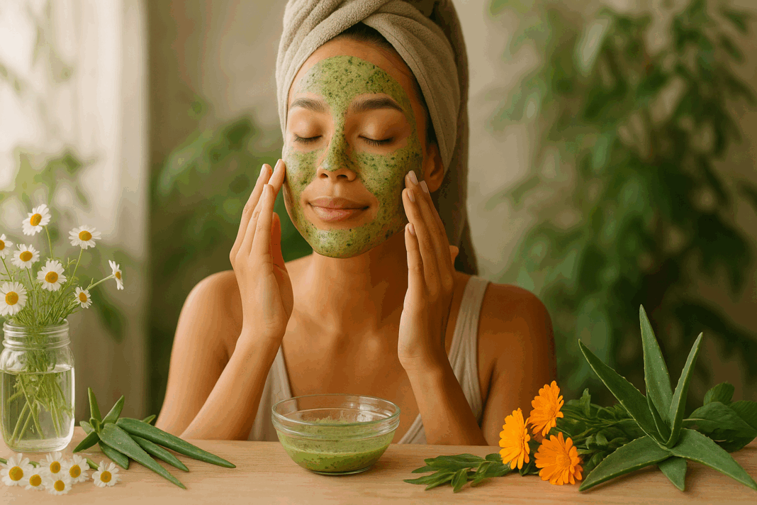 Woman applying a green botanical face mask with chamomile, aloe vera, and calendula, showing how to reduce inflammation on face naturally.