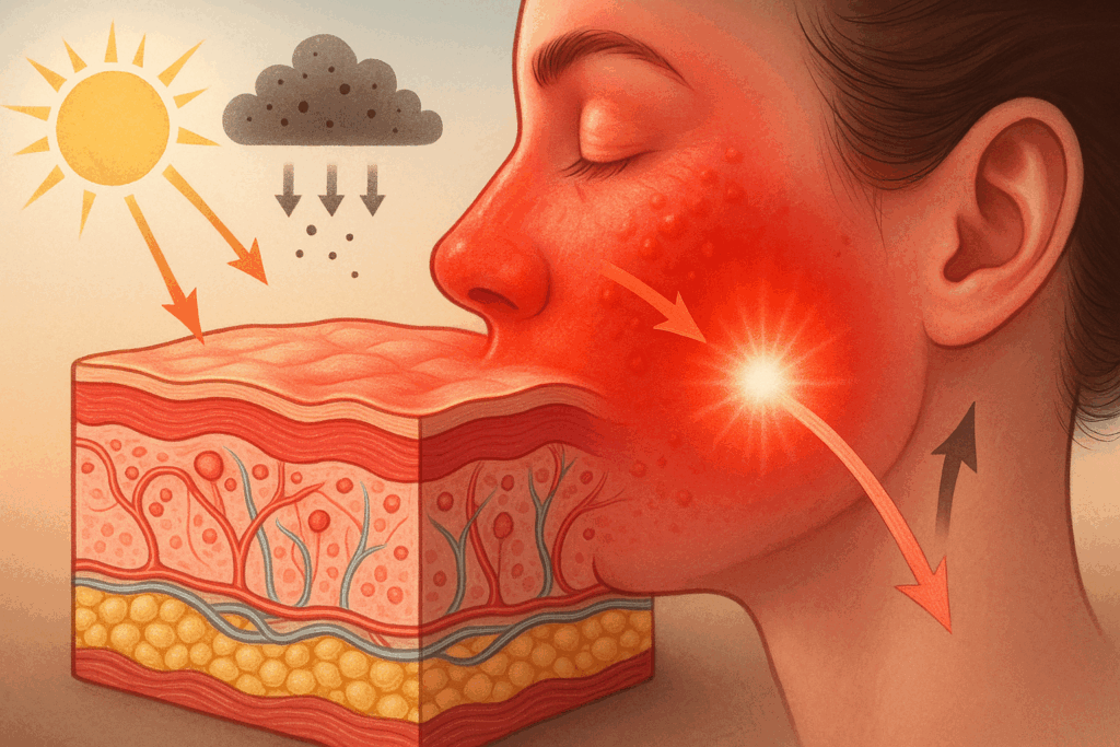 Cross-section of inflamed facial skin showing redness and puffiness from UV rays, pollution, and stress—illustrating how to reduce inflammation on face