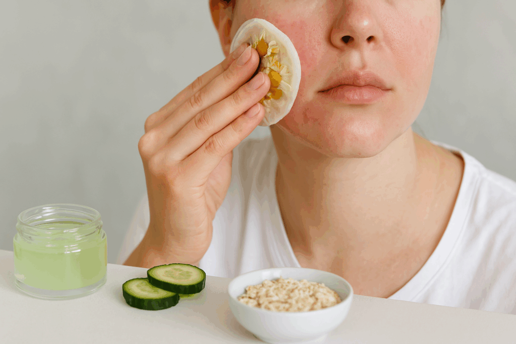 Woman applying chamomile tea compress to cheek with aloe vera, cucumber, and oatmeal nearby, showing how to reduce inflammation on face.

